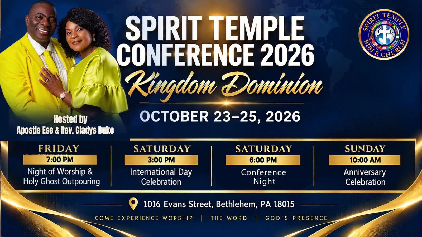 Spirit Temple Conference 2026 — Kingdom Dominion, October 23–25, with Apostle Ese and Rev. Gladys Duke
